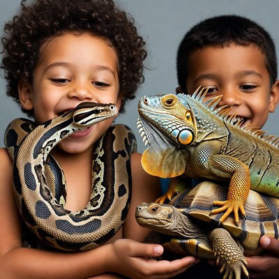 Boys Holding Snake Iguana Turtle