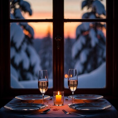 Champagne glasses by window snowy sunset