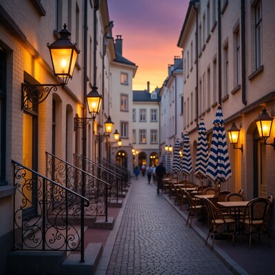 European Alley with Cafes at Sunset