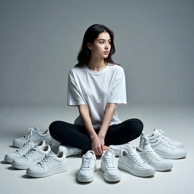 Asian woman surrounded by white sneakers