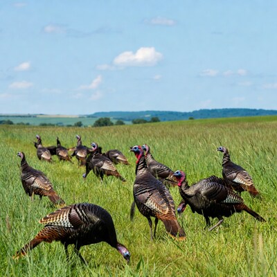 Flock of turkeys in green field