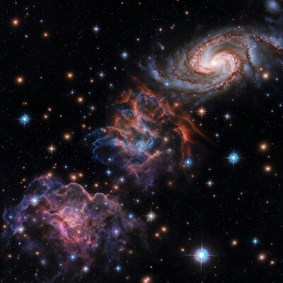 Spiral Galaxy and Emission Nebula in Starfield