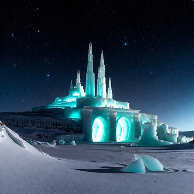 Glowing Ice Castle Under Starry Night
