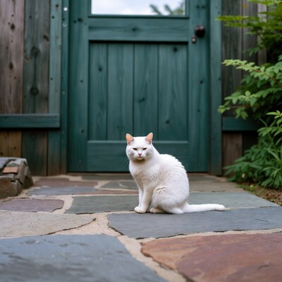 White cat sitting by green garden gate