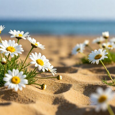 White Daisies on Beach Sand