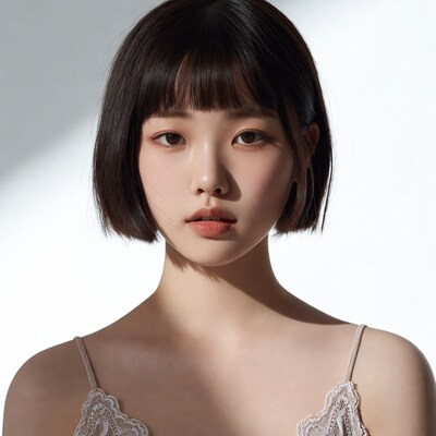Asian woman with bob haircut in lace camisole
