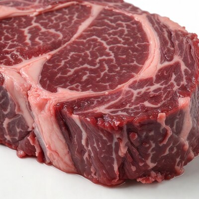 Raw ribeye steak on white background