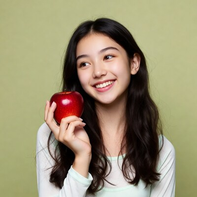 Asian girl holding red apple