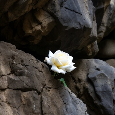 White Rose on Dark Rocks