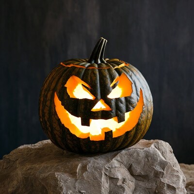 Lit Jack-o'-lantern on rock