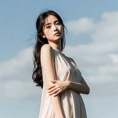 Asian woman in white dress against blue sky