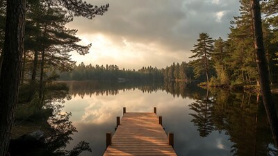 Wooden pier extending into pine-lined lake