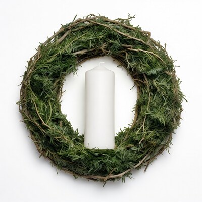 White Candle in Rosemary Wreath