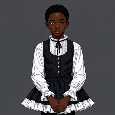 African-American girl in black pinafore dress