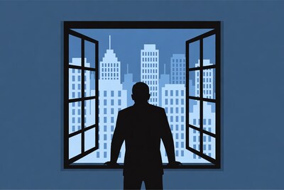 Man in suit viewing city skyline