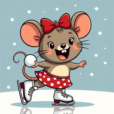 Cute mouse ice skating with snowball