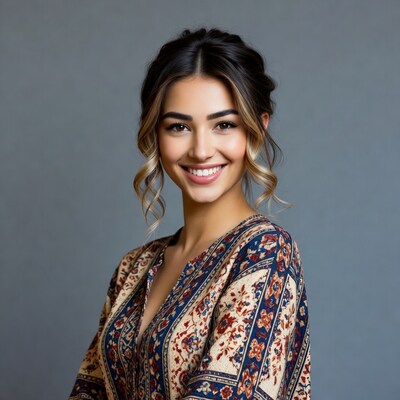Smiling woman in blue patterned dress