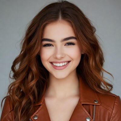 Smiling woman in brown leather jacket