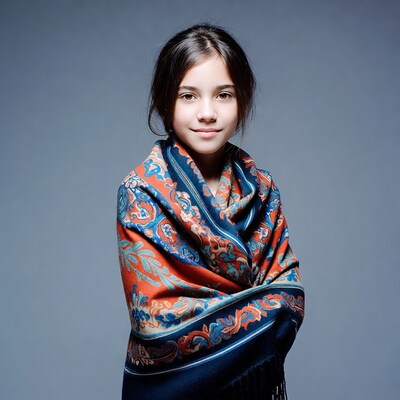 Girl wrapped in colorful patterned shawl