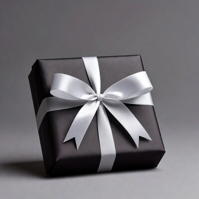 Black gift box with white satin ribbon