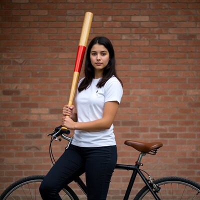 Girl holding baseball bat on bicycle