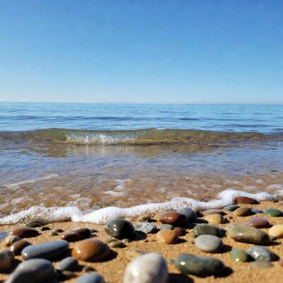 Colorful pebbles on beach with ocean waves