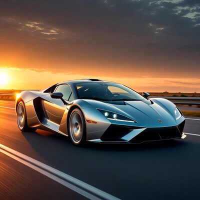 Lamborghini Revuelto speeding at sunset