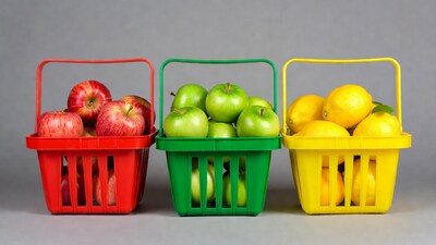 Red Green Apples and Lemons in Baskets