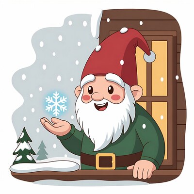 Gnome holding snowflake at window