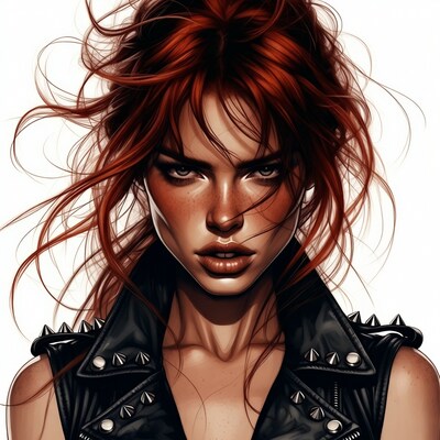 Redhead woman in studded leather jacket