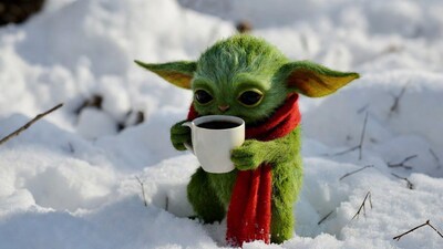 Baby Yoda holding coffee in snow