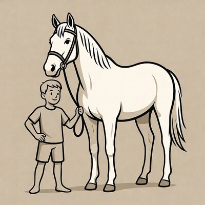 Boy holding white horse lead