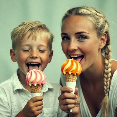 Mother and boy eating ice cream cones