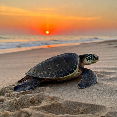 Sea Turtle on Beach at Sunset