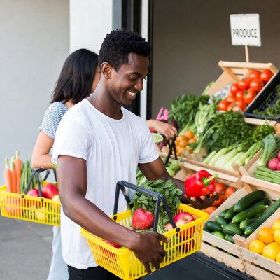 African-American man and Asian woman shopping produce