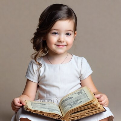 Little girl reading vintage book