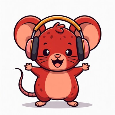 Cute red mouse wearing headphones