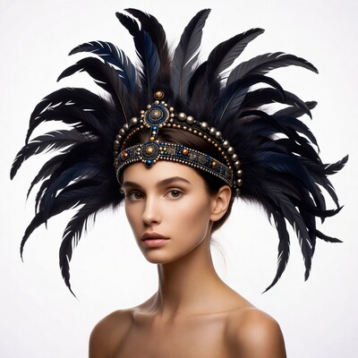 Woman wearing feather headdress