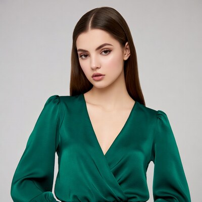 Woman in green satin dress