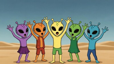 Colorful aliens dancing in desert