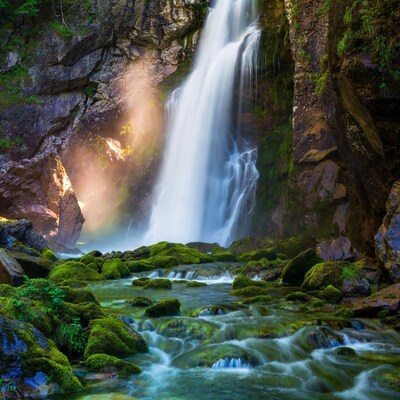 Majestic Waterfall in Mossy Rocky Canyon