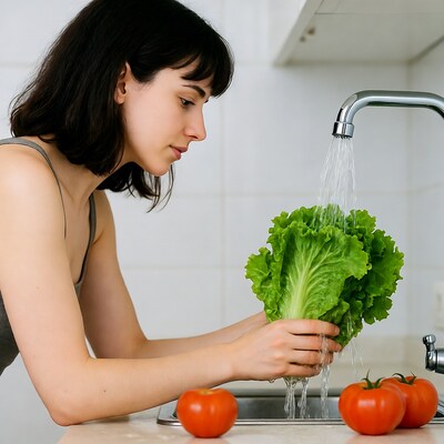 Woman washing lettuce under faucet