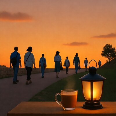 Silhouettes walking sunset path with lantern coffee