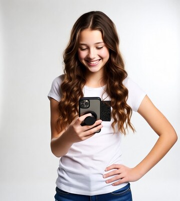 Teen girl smiling at phone with PopSocket