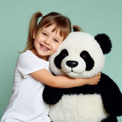 Girl hugging giant panda teddy bear