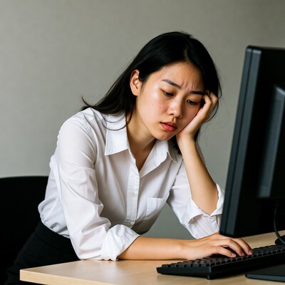 Asian woman tired at computer desk