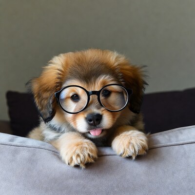Puppy wearing glasses on couch