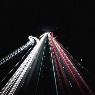 Highway light trails at night