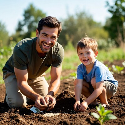 Father and son planting seeds in garden
