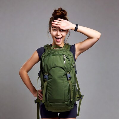 Excited woman shielding eyes with backpack